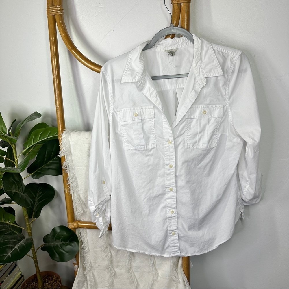 L.L. Bean White Collard Long Sleeve Fisherman Blouse sz M